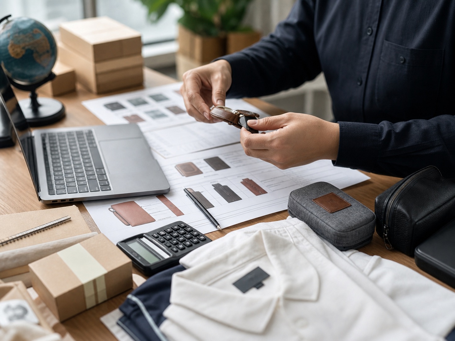 E-commerce buyer reviewing product samples and sourcing notes