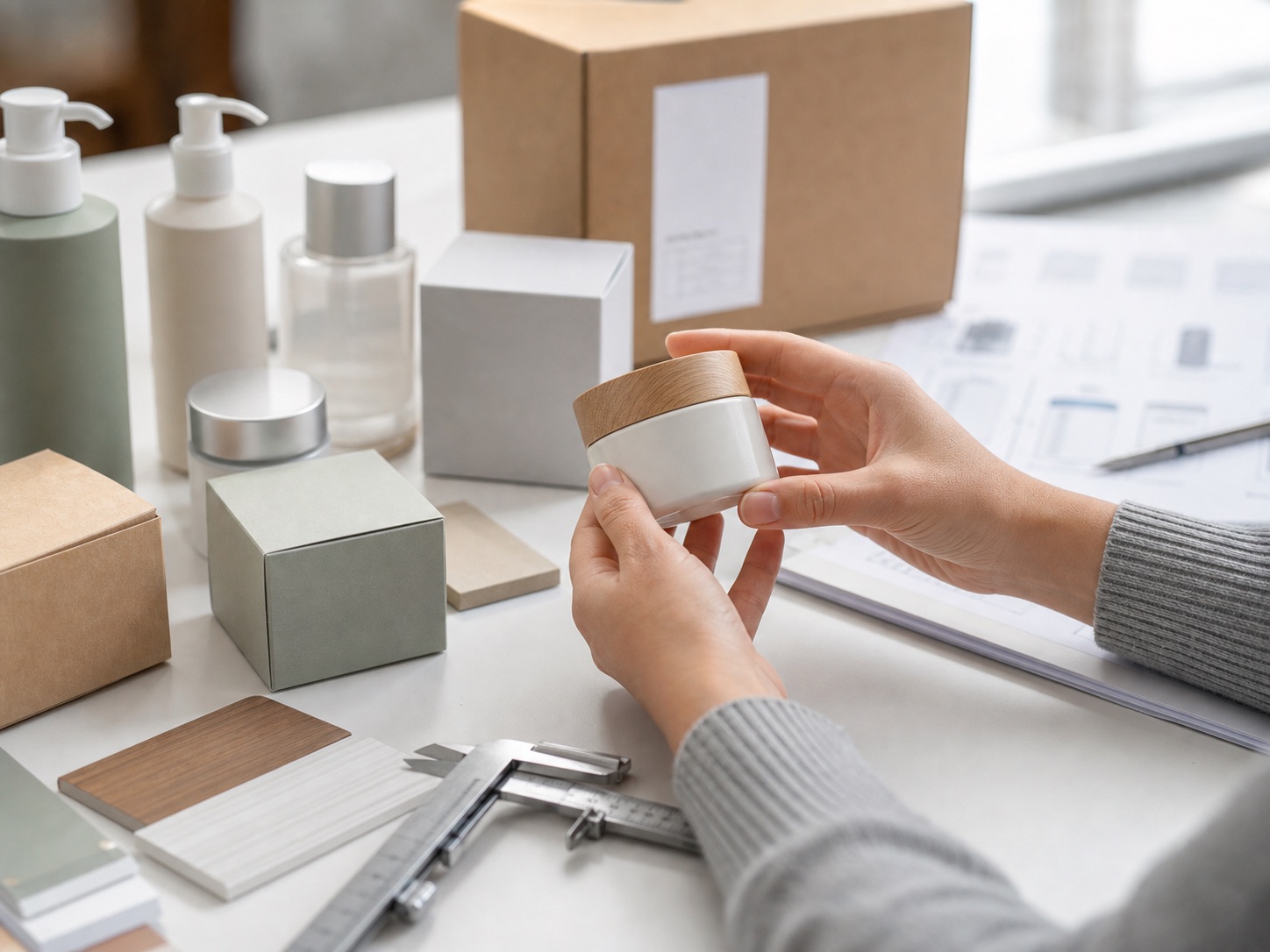 Buyer checking product sample packaging and material details
